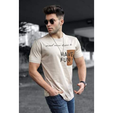 Madmext Men Printed Beige T-shirt 5366 - Bej