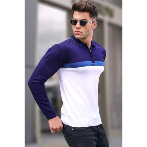 Ecru Zipped Knitwear Polo Sweater 5787 - Ekru