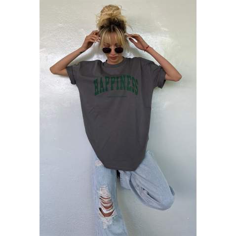 Women Printed Oversize Smoke Gray T-Shirt MG1230 - Füme