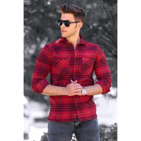 Madmext Maroon Checked Mackinaw Shirt 4681 - Bordo