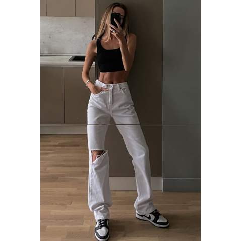 Blue Ripped Straight Fit Jeans MG1317 - Beyaz