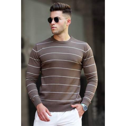 Madmext Men Striped Brown Knitted Sweater 5177 - Kahverengi