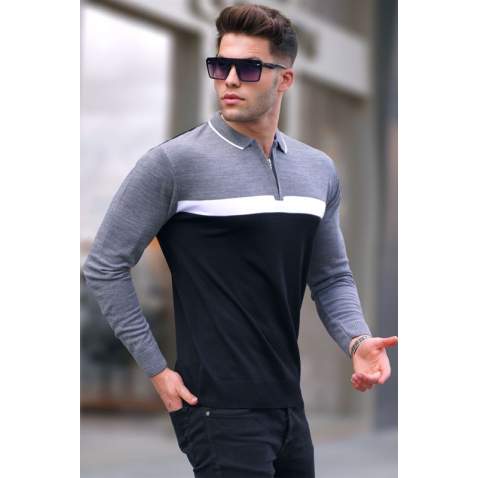 Black Zipped Knitwear Polo Sweater 5787 - Siyah