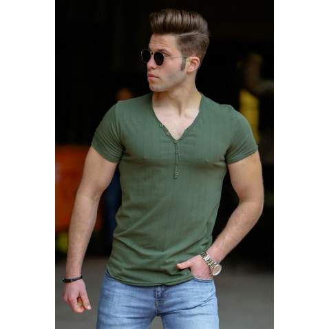 Madmext Men V Neck Khaki Plain T-shirt 4551 - Haki