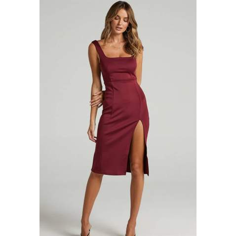 Mad Girls Plain Maroon Midi Dress MG1423 - Bordo