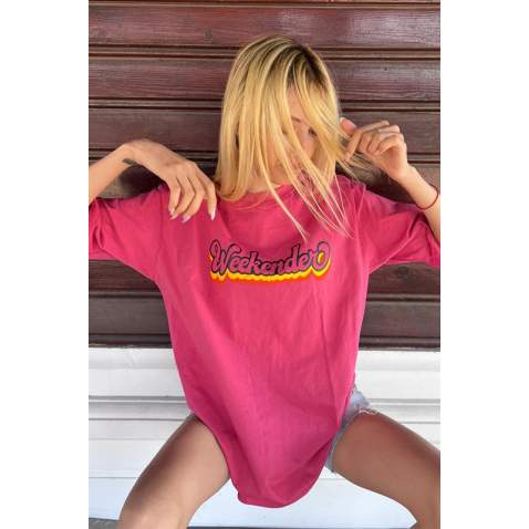 Women Printed Oversize Pink T-Shirt - Pembe