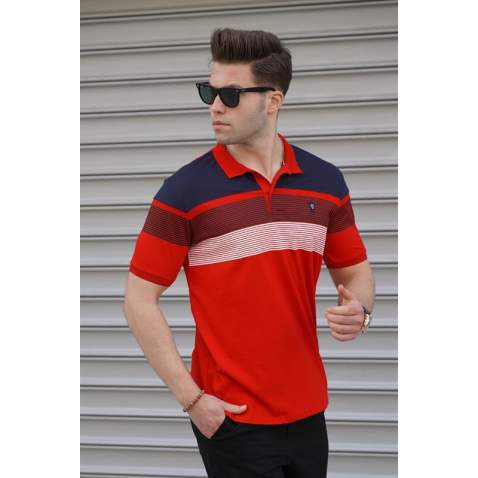 Men Striped Red Polo T-Shirt - Kırmızı