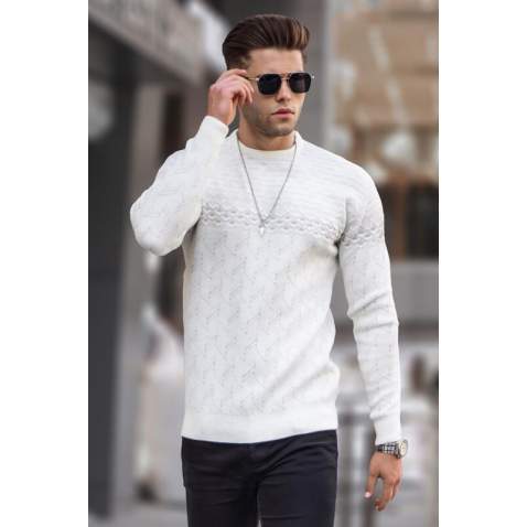 White Designed Knitwear Sweater 5972 - Kemik rengi