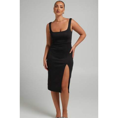 Mad Girls Plain Black Midi Dress MG1423 - Siyah