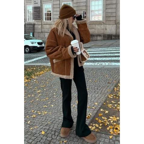 Mad Girls Camel Suede Leather Coat MG1329 - Kahverengi