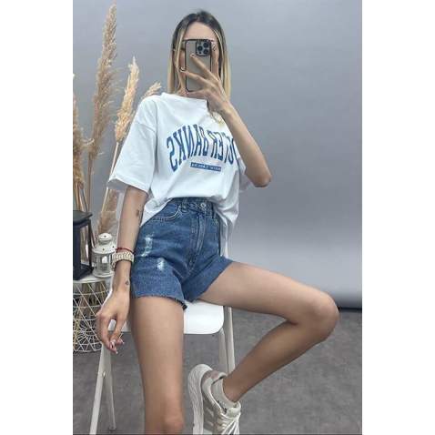 Women Printed Oversize White T-Shirt - Beyaz