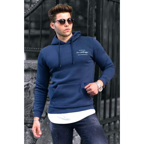 Madmext Men Printed Hoodie Navy Blue Sweatshirt 4395 - Lacivert