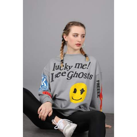 Mad Girls Printed Oversize Anthracite Sweatshirt Mg1207 - Füme