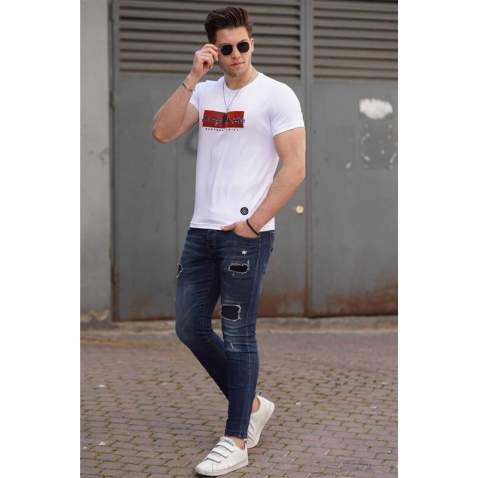 Madmext White Printed T-shirt for Men 4589 - Beyaz