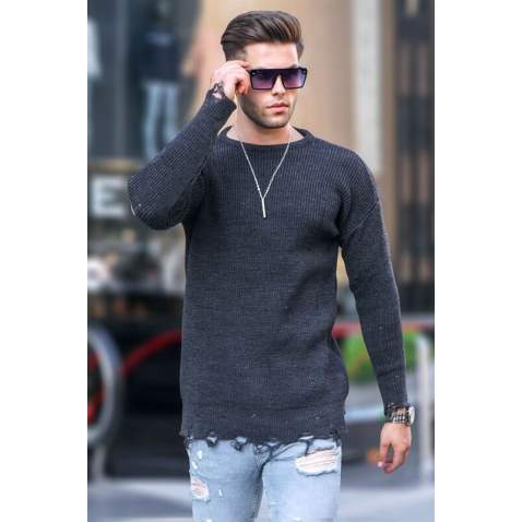 Smoke Gray Ripped Design Knitwear Sweater 5998 - Füme