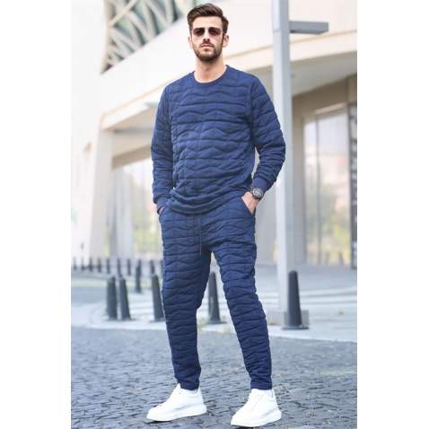 Navy Blue Designed Quilted Tracksuit 5907 - Lacivert