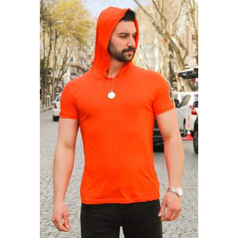 Madmext Orange Rapped T-shirt with Hood for Men 3069 - Turuncu