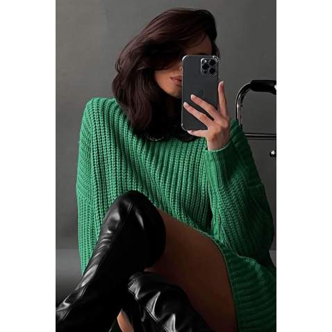 Mad Girls Oversize Green Sweater MG1344 - Yeşil