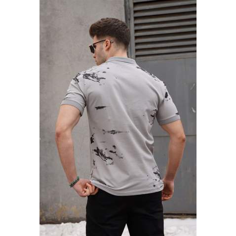 Men Designed Dye Gray Polo T-Shirt - Boyalı gri