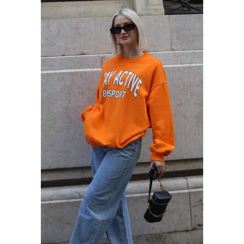 Turuncu Baskılı Oversize Kadın Sweatshirt MG1564 - Turuncu