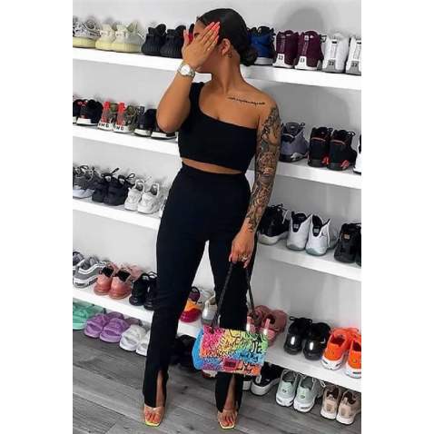 Mad Girls Black One Shoulder Strappy Crop Top MG325 - Siyah