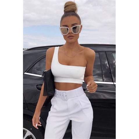 Mad Girls White One Shoulder Strappy Crop Top MG325 - Beyaz