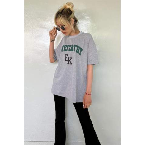 Women Printed Oversize Gray T-Shirt Mg1318 - Gri