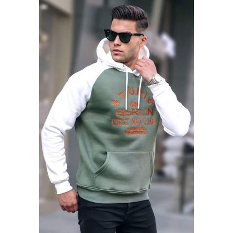 Khaki Green Embroidered Hoodie Sweatshirt 6011 - Haki yeşili