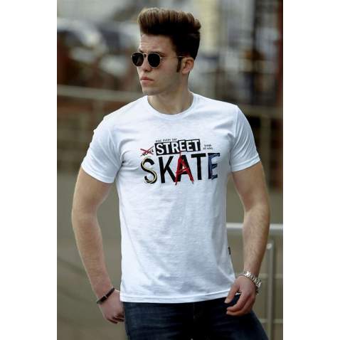 Madmext White Printed T-shirt for Men 4548 - Beyaz