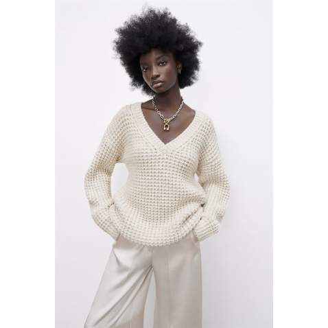 Beige Oversize V Neck Sweater MG1440 - Ekru