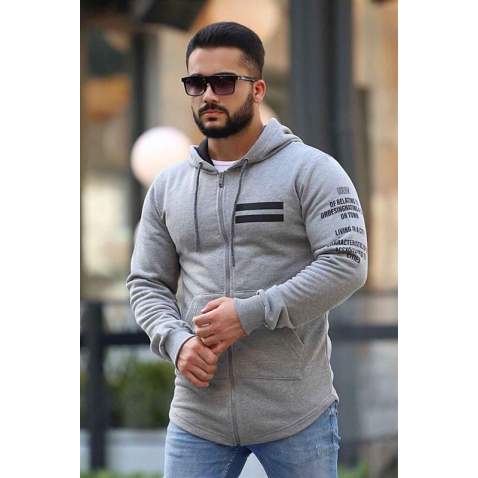 Madmext Grey Zipper Detailed Hoodie 4144 - Gri