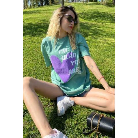 Mad Girls Printed Green T-Shirt MG1202 - Yeşil