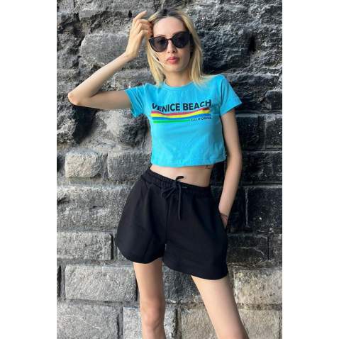 Turquoise Printed Crop T-Shirt MG1535 - Turkuaz