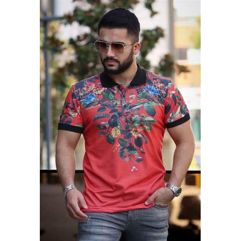 Madmext Red Printed Polo Shirt for Men 2885 - Kırmızı