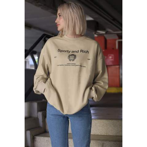 Bej Bisiklet Yaka Baskılı Oversize Kadın Sweatshirt MG1577 - Bej