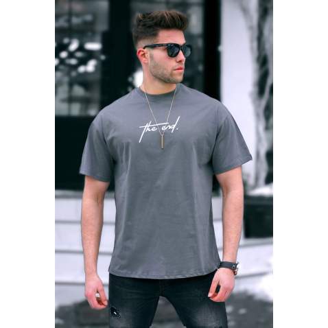 Madmext Men Embroided Smoke Gray T-shirt 5380 - Füme