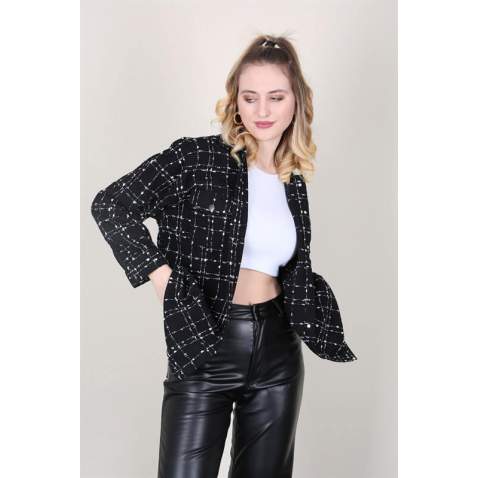 Mad Girls Black Long Plaid Jacket With Pockets MG1257 - Siyah