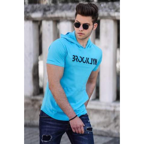 Madmext Turquoise Printed T-shirt With Hood for Men 4506 - Turkuaz