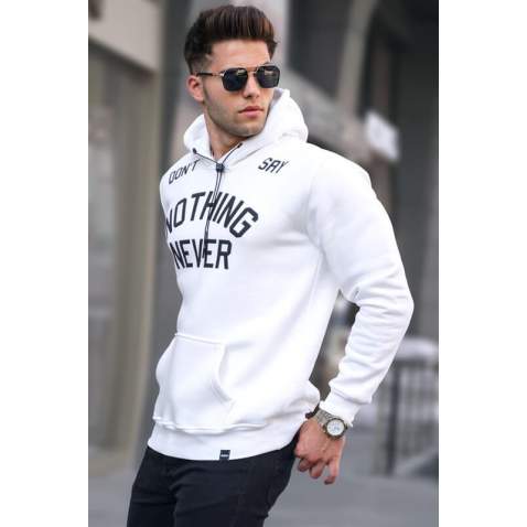 White Printed Hoodie Sweatshirt 5898 - Beyaz