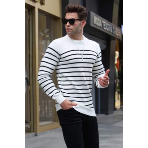 White Striped Knitwear Sweater 5992 - Kemik rengi