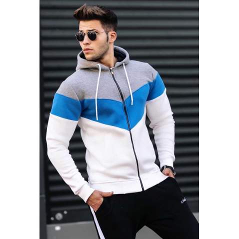 Madmext White Color Blocked Hooded Zip-Down Sweatshirt 4702 - Beyaz