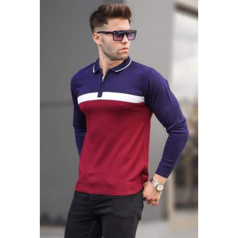 Maroon Zipped Knitwear Polo Sweater 5787 - Bordo