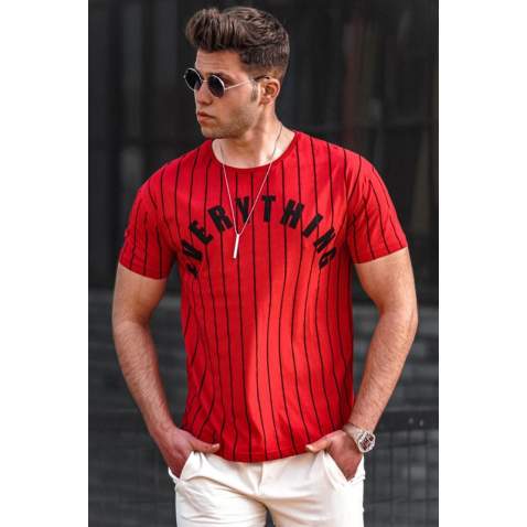 Madmext Men Printed Striped Red T-shirt 3007 - Kırmızı