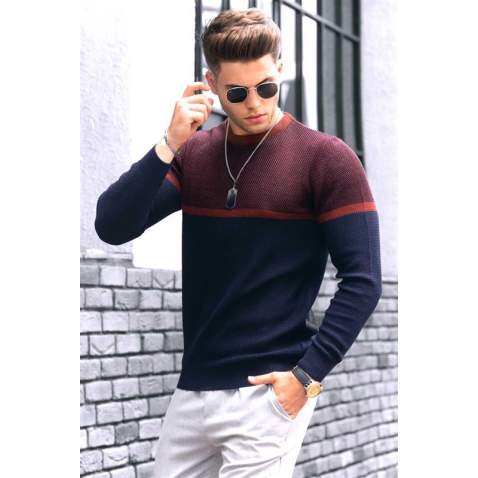 Madmext Men Color Blocked Navy Blue Sweater 4734 - Lacivert