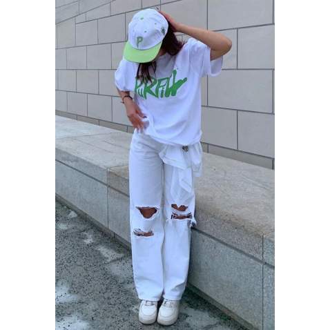 Women Printed Oversize White T-Shirt MG1490 - Beyaz