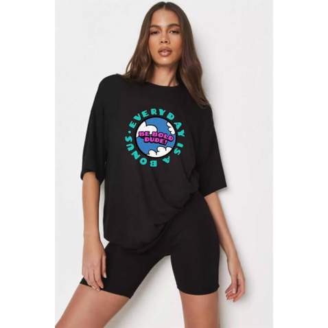 Women Printed Oversize Black T-Shirt - Siyah