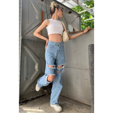 Mad Girls Straight Leg Ripped Blue Jeans Mg1152 - Mavi