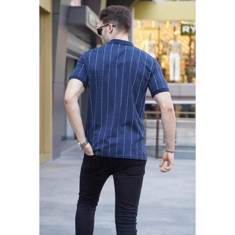 Men Striped Navy Blue Polo T-Shirt 5879 - Lacivert