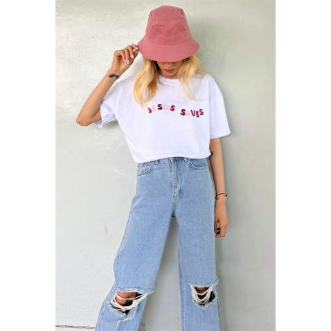 White Printed Oversize T-Shirt MG1517 - Beyaz