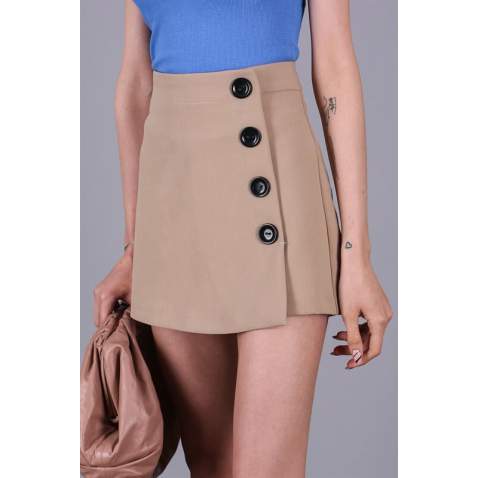 Women Black Side Button Mini Skirt - Camel